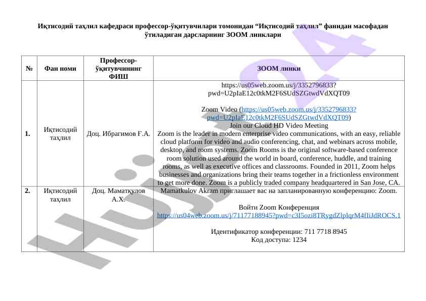 Иқтисодий таҳлил фанидан дарсларнинг zoom линклари