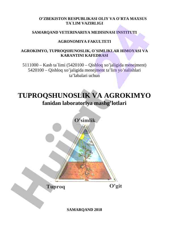Tuproqshunoslik va agrokimyo fanidan laboratoriya mashg'lotlari