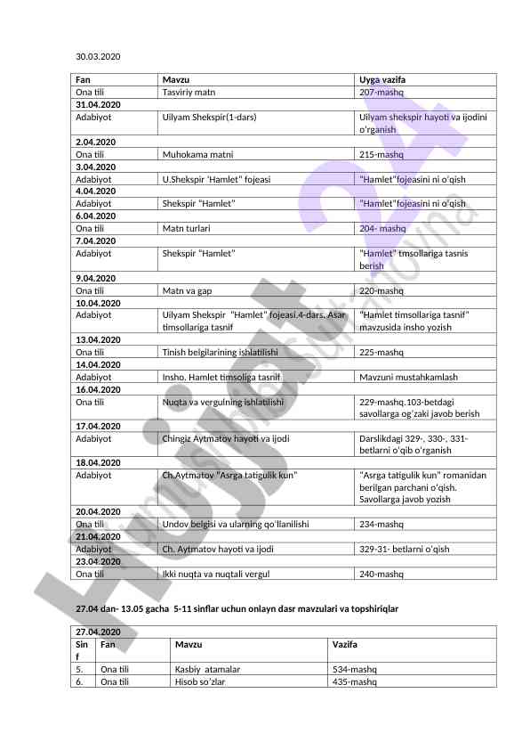 Onlayn dars mavzulari va topshiriqlar 5-11 sinflar uchun