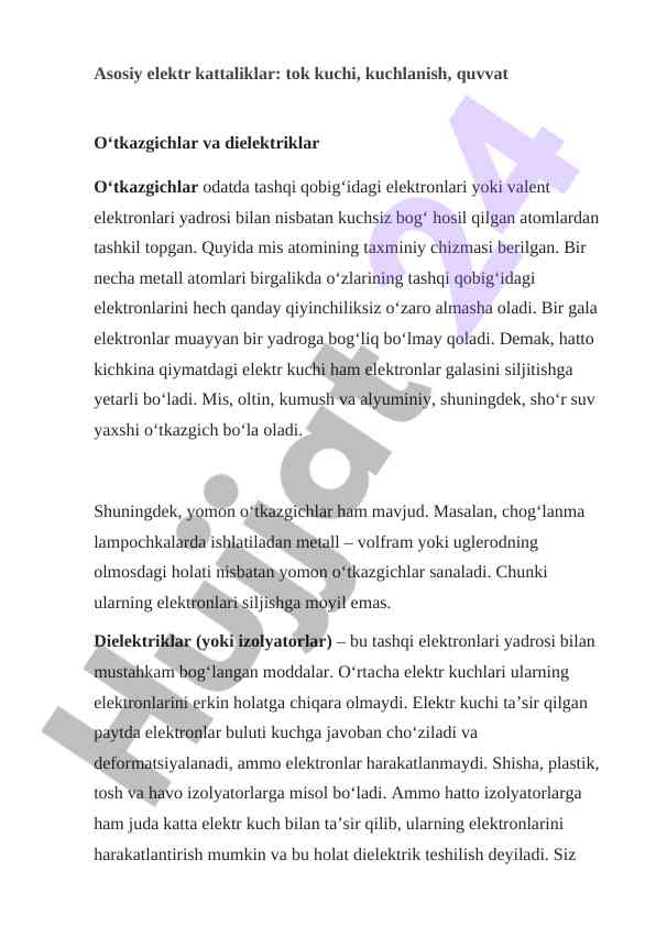 Asosiy elektr kattaliklar va otkazgichlar