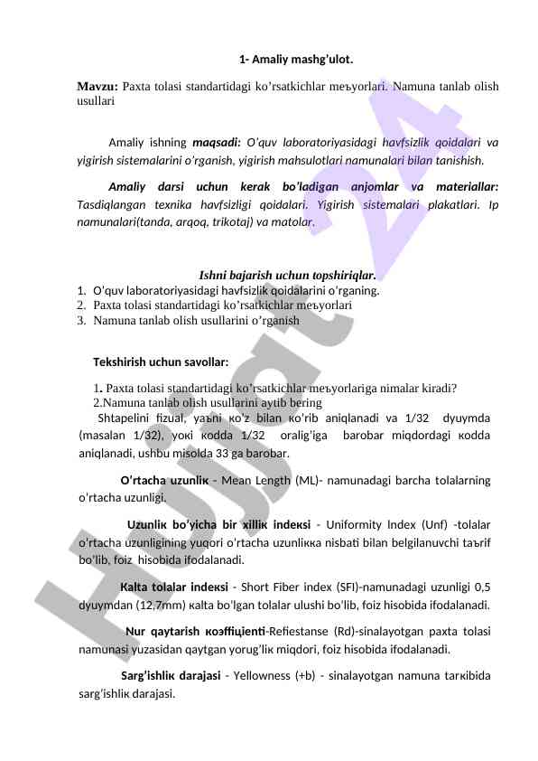Paхta tоlasi standartidagi ko’rsatkichlar