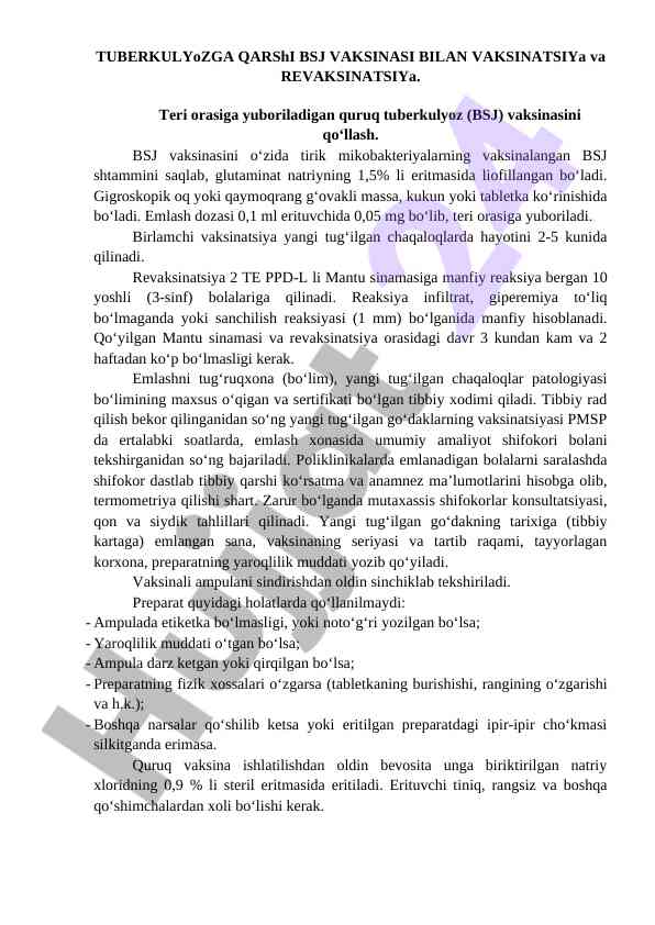 Tuberkulyozga qarshi bsj vaksinasi bilan vaksinatsiya