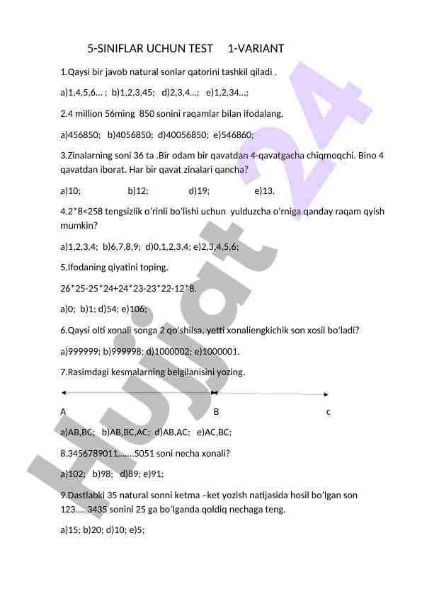 5-siniflar uchun matematik test variant 1