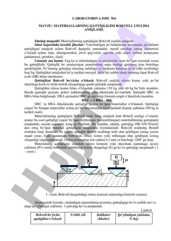 Rokvell usuli bilan materiallarning qattiqligini aniqlash
