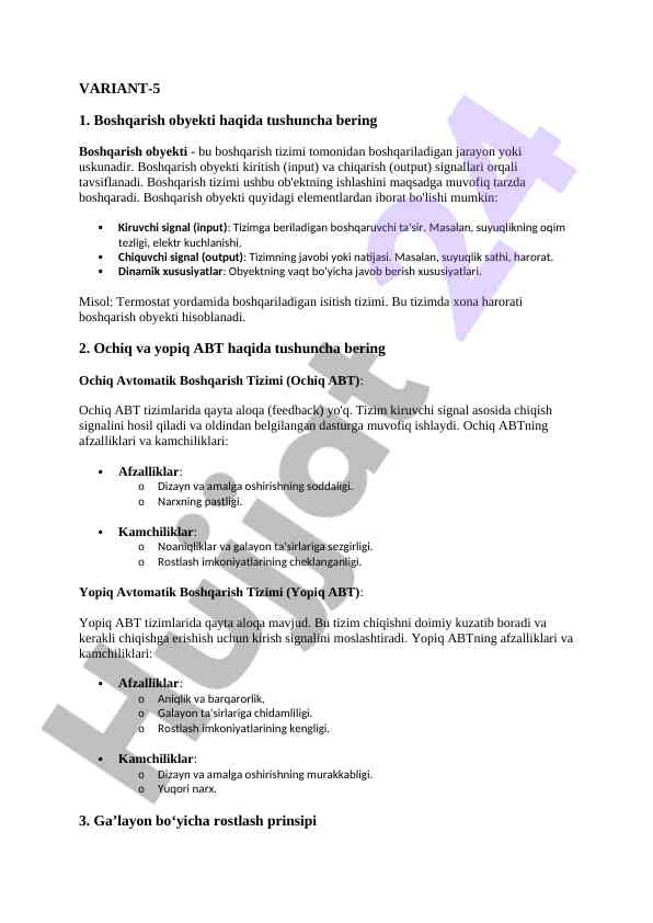 Boshqarish obyekti va avtomatik boshqarish tizimlari