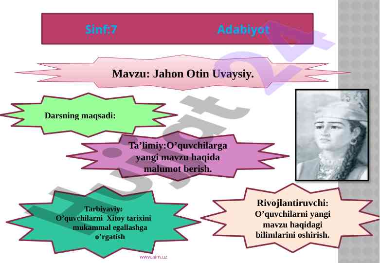 Jahon otin uvaysiy mavzusi dars rejasi