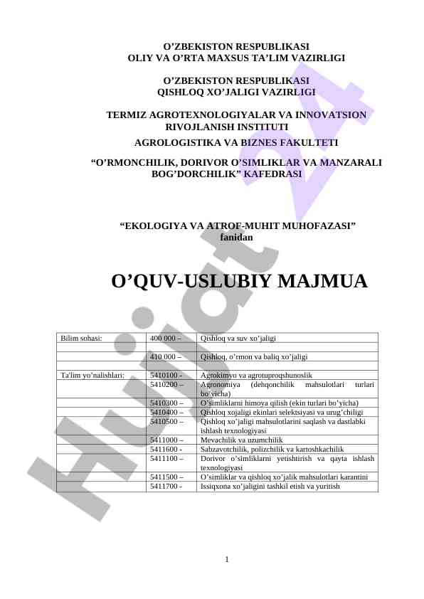 Ekologiya va atrof-muhit muhofazasi o‘quv-qo‘llanma