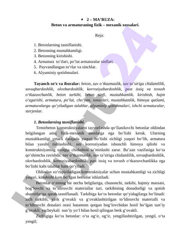 Beton va armaturaning fizik-mexanik xossalari