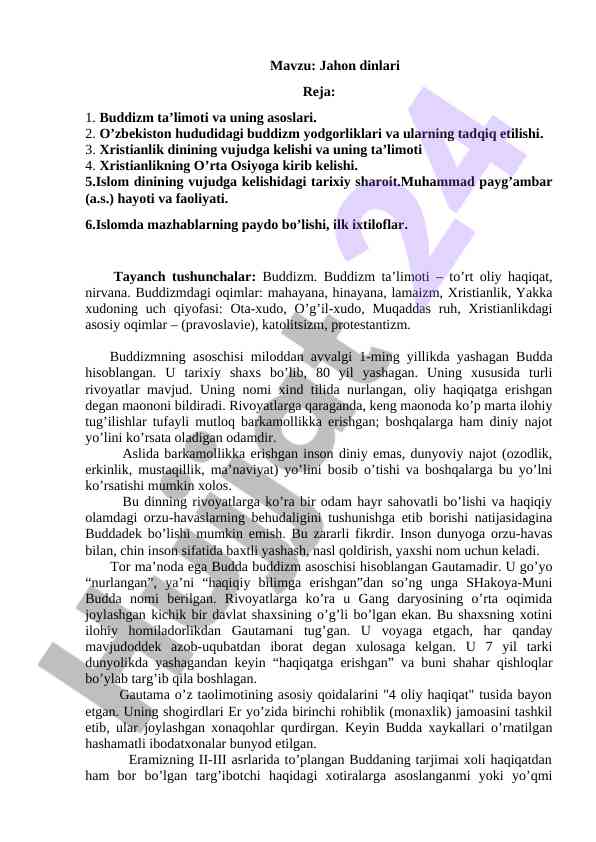 Jahon dinlari buddizm ta’limoti va asoslari
