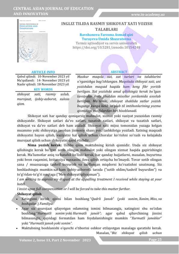 Ingiz tilida rasmiy shikoyat xati yozish talablari