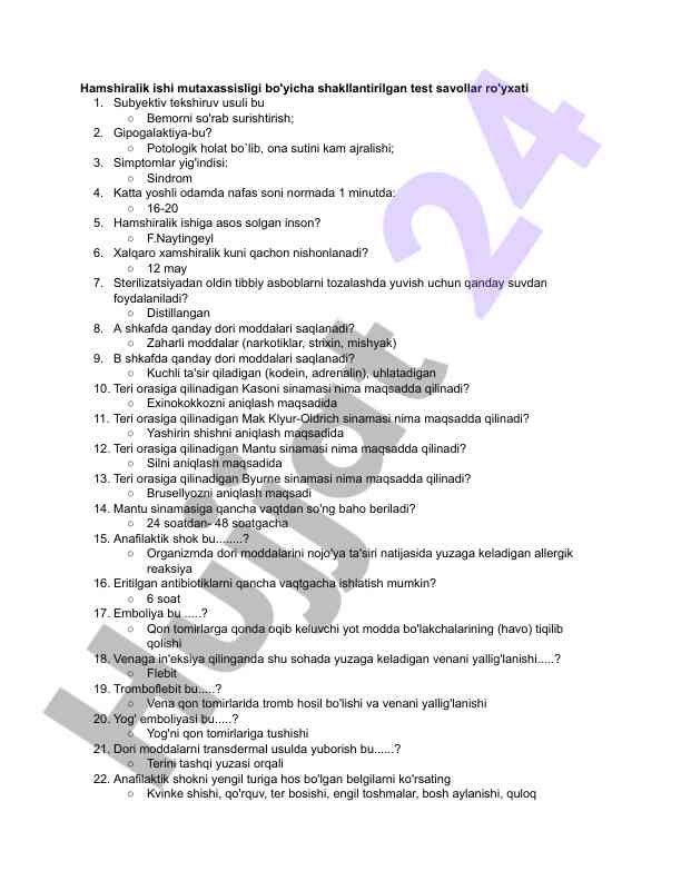 Hamshiralik islari uchun test savollari ro'yxati