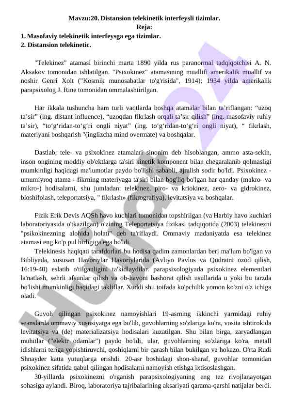 Distansion telekinetik interfeysli tizimlar tahlili