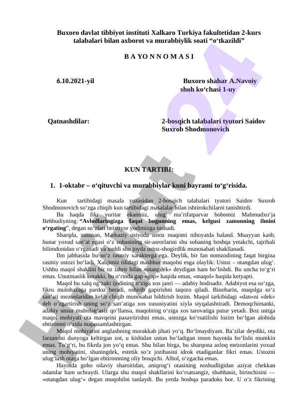 O‘qituvchi va murabbiylar kuni bayrami taqdimoti