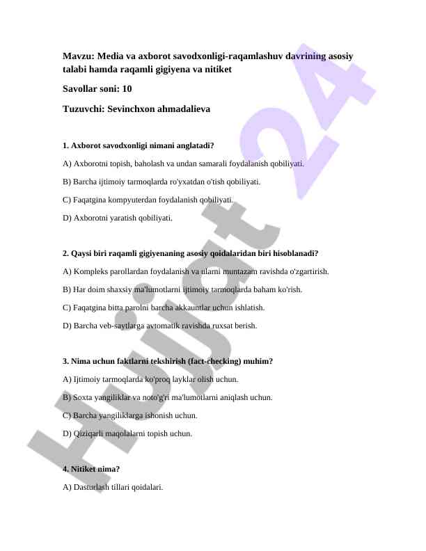 Media va axborot savodxonligi test savollari