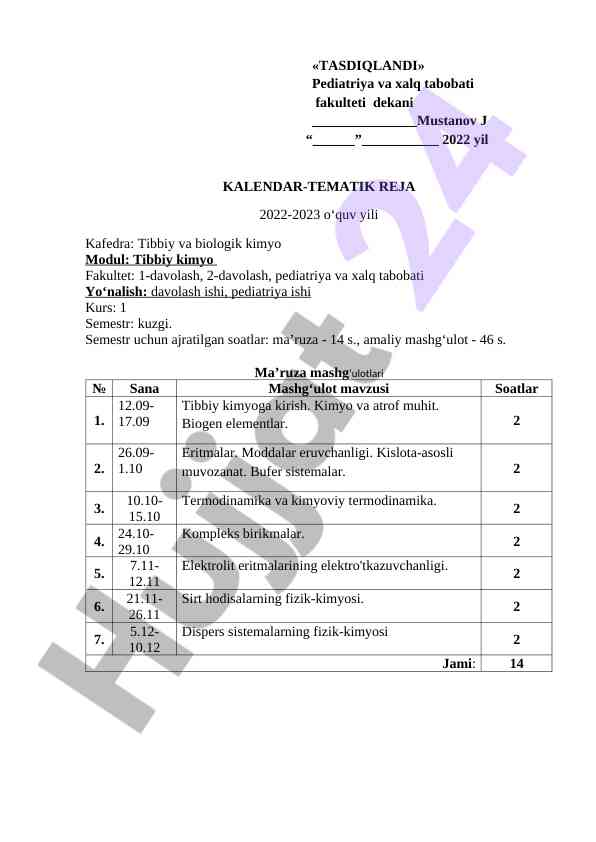 Tibbiy kimyo kafedrasi uchun tematik reja 2022-2023