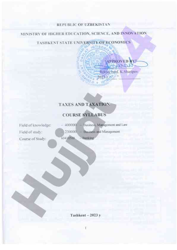 Tax and taxation course syllabus overview