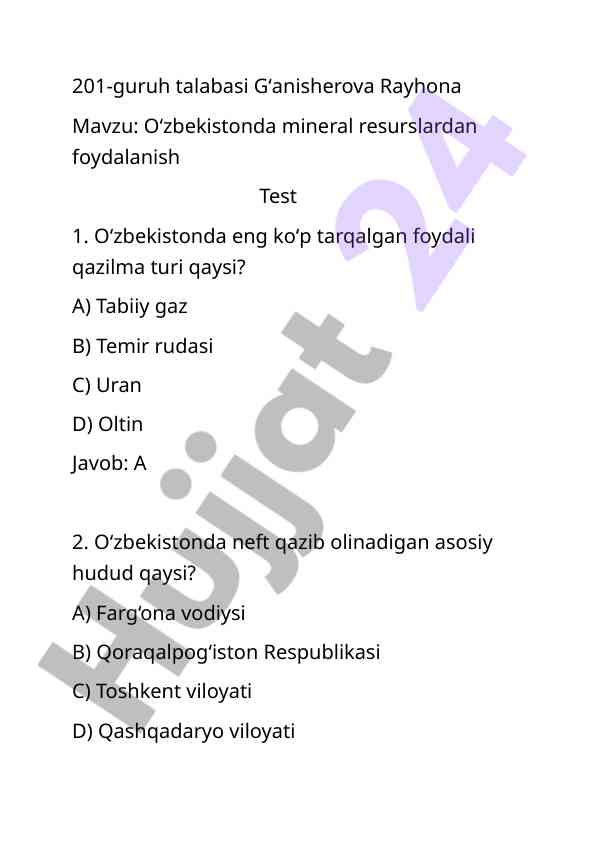 O'zbekistonda mineral resurslardan foydalanish testi