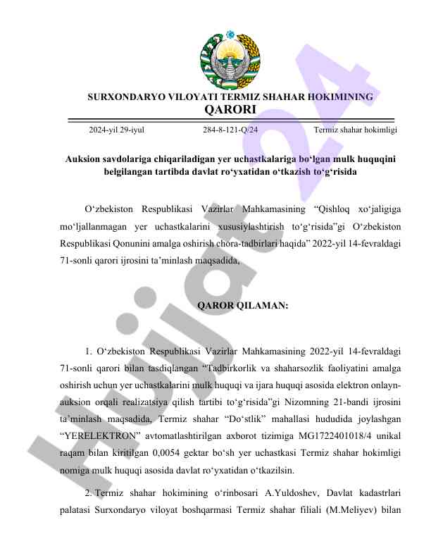 Yer uchastkalarini mulk huquqi belgilash tartibi