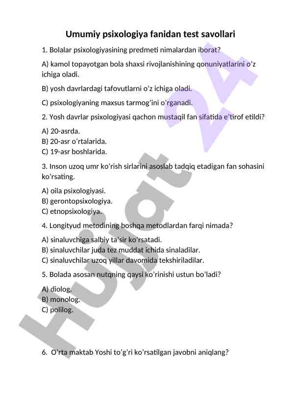 Bolalar psixologiyasi test savollari