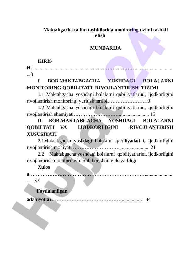 Maktabgacha Ta'limda Monitoring Tizimini Tashkil Etish