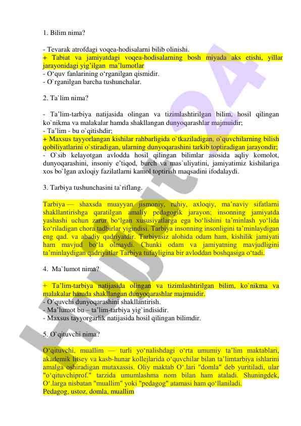 Bilim, ta'lim va tarbiya tushunchalari ta'rifi