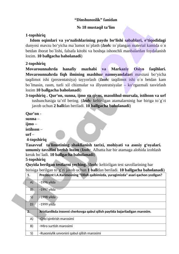 Islom oqimlari va yo'nalishlari mavzusi bo'yicha