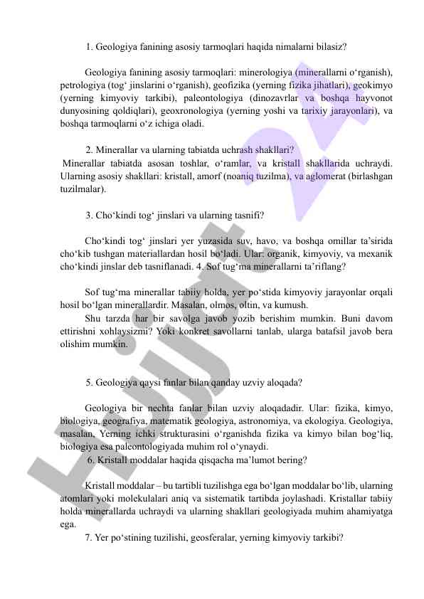 Geologiya fanining asosiy tarmoqlari va minerallar