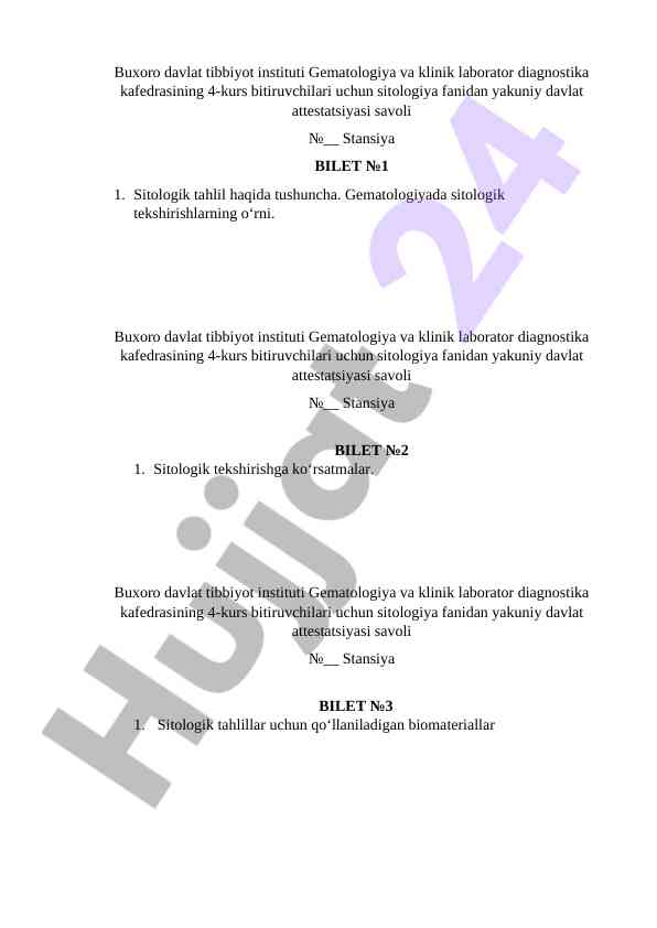 Sitologiya fanidan yakuniy davlat attestatsiyasi savollari