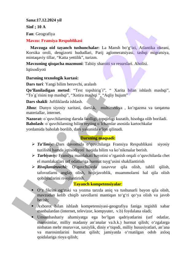 Fransiya respublikasi geografiyasi dars ishlanmasi