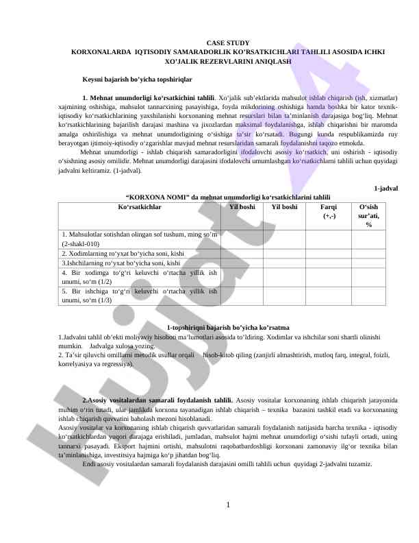 Korxonalarda iqtisodiy samaradorlik ko’rsatkichlari tahlili