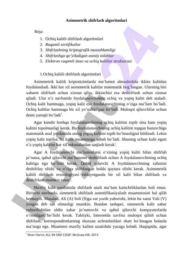 Asimmetrik shifrlash algoritmlari tahlili
