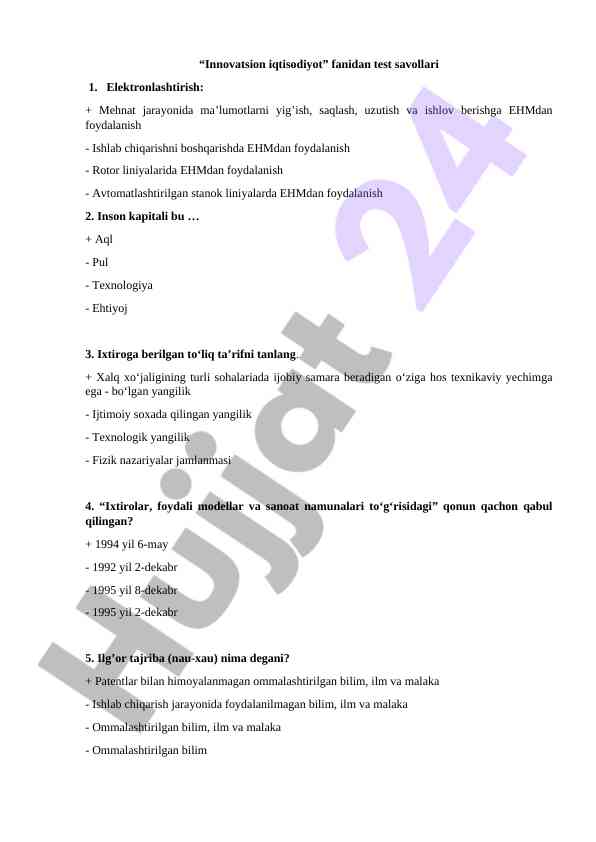 Innovatsion iqtisodiyot fanidan test savollari