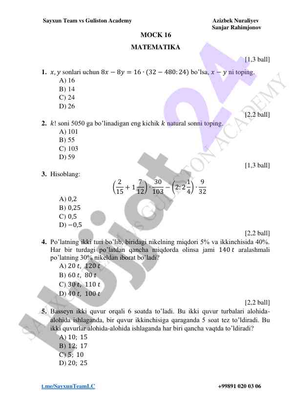 Matematika sinov savollari bilan tanishing