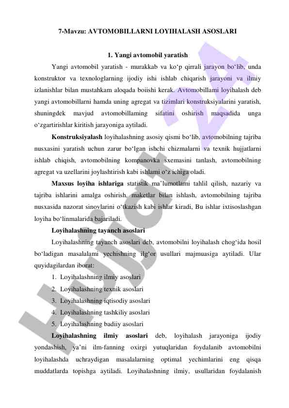 Avtomobillarni loyihalash asoslari va jarayonlari
