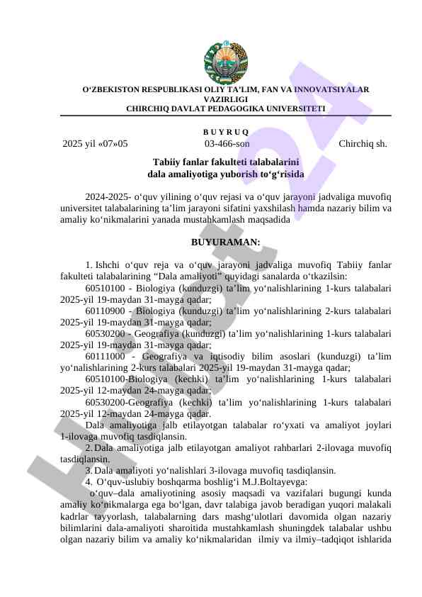 Dala amaliyoti o‘tkazish rejasi 2024-2025 yil