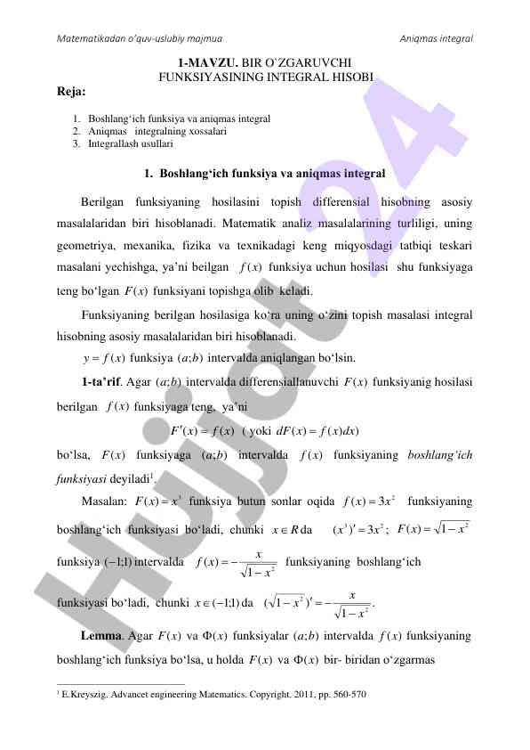 Aniqmas integral va boshlang'ich funktsiyalar tahlili
