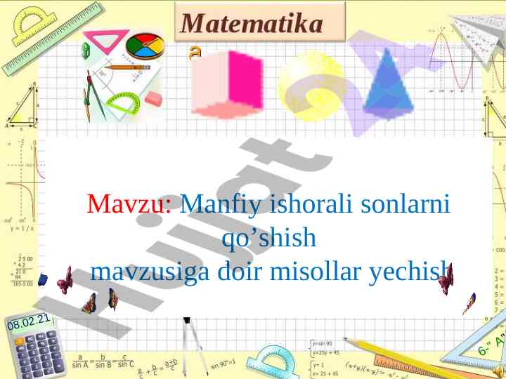 Manfiy ishoralik sonlarni qo’shish misollari