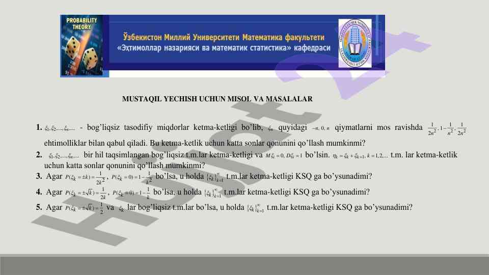 Mustaquil yechish uchun misol va masalalar