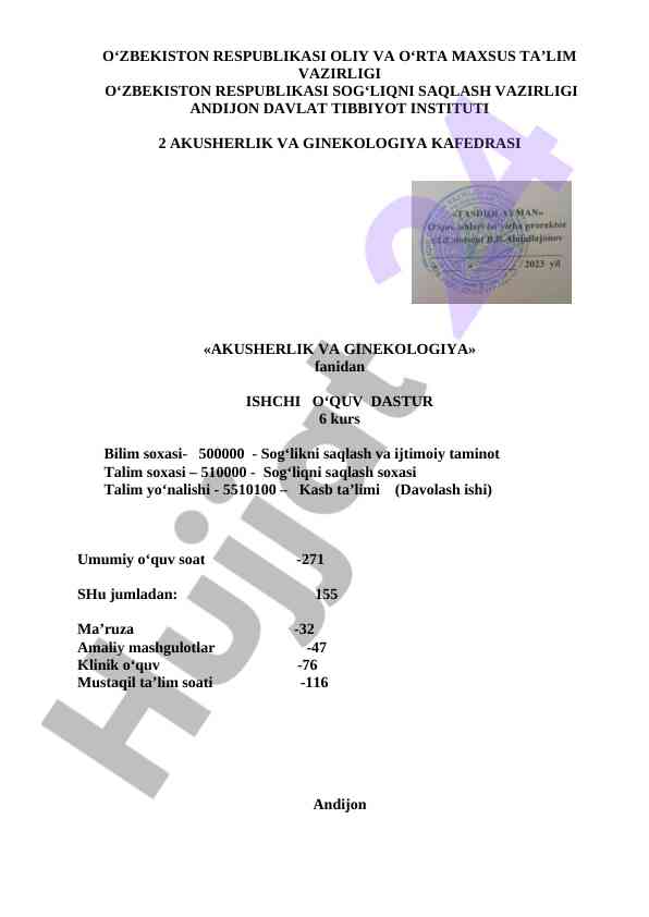 Akusherlik va ginekologiya fani dars dasturi