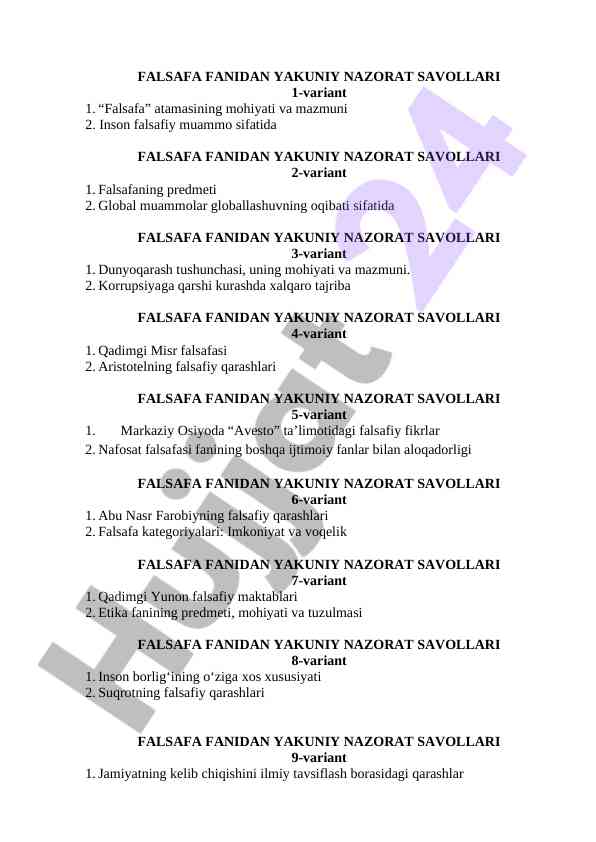 Falsafa fanidan yakuniy nazorat savollari