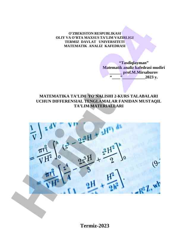 Differensial tenglamalar fani bo’yicha mustaqil ta’lim materiallari