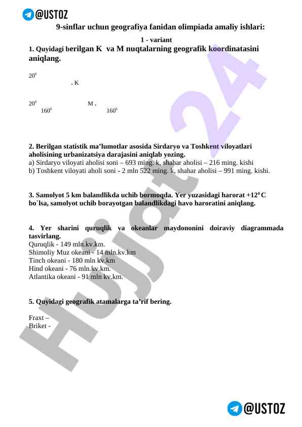 Geografiya fanidan olimpiada amaliy ishlari 9-sinflar