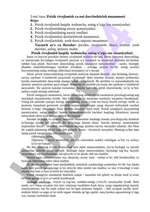 Psixik rivojlanish va davrlashtirish muammolari