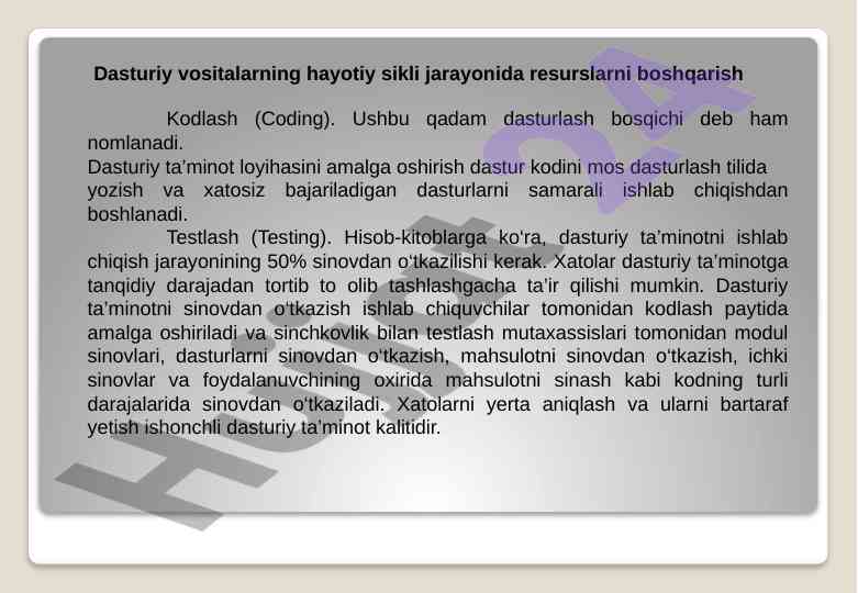 Dasturiy vositalarning hayotiy sikli va sinov jarayonlari