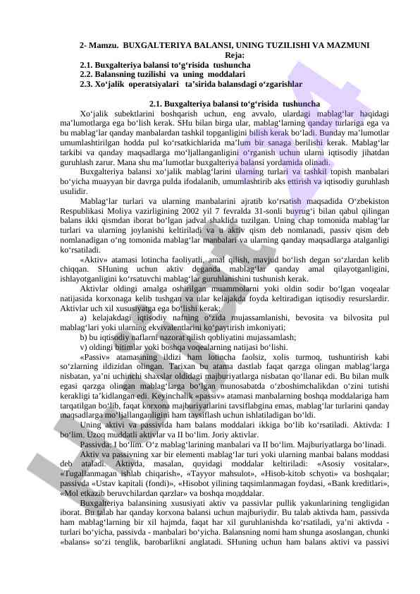 Buxgalteriya balansi, uning tuzilishi va mazmuni
