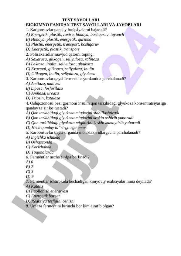 Biokimyo fanidan test savollari va javoblari