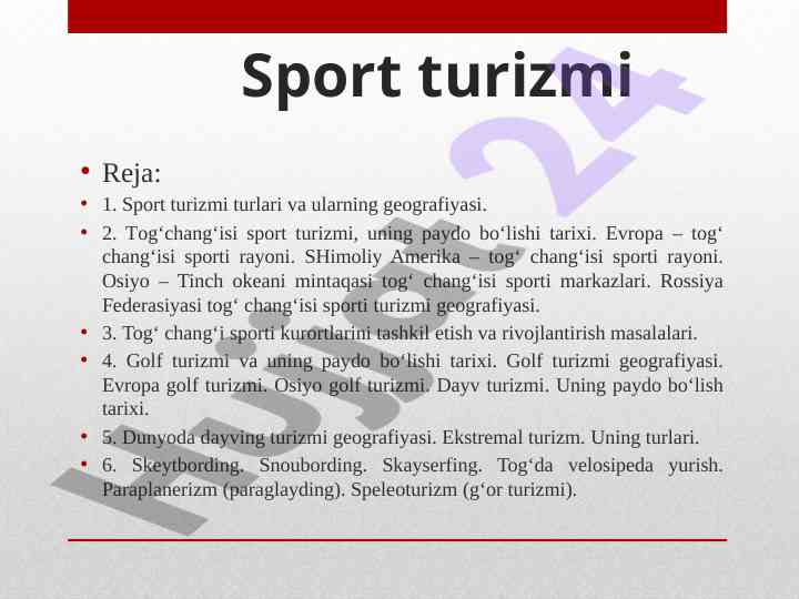 Sport turizmi reja va geografiya