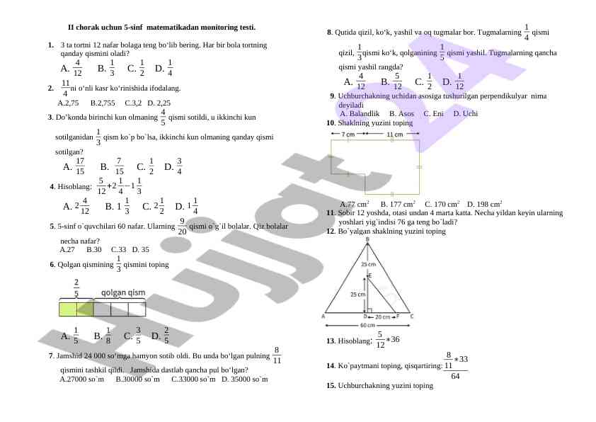 Monitoring testi matematikadan 5-sinf uchun