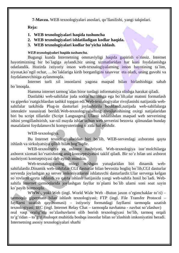Web texnologiyalari asoslari va ularning qo’llanilishi