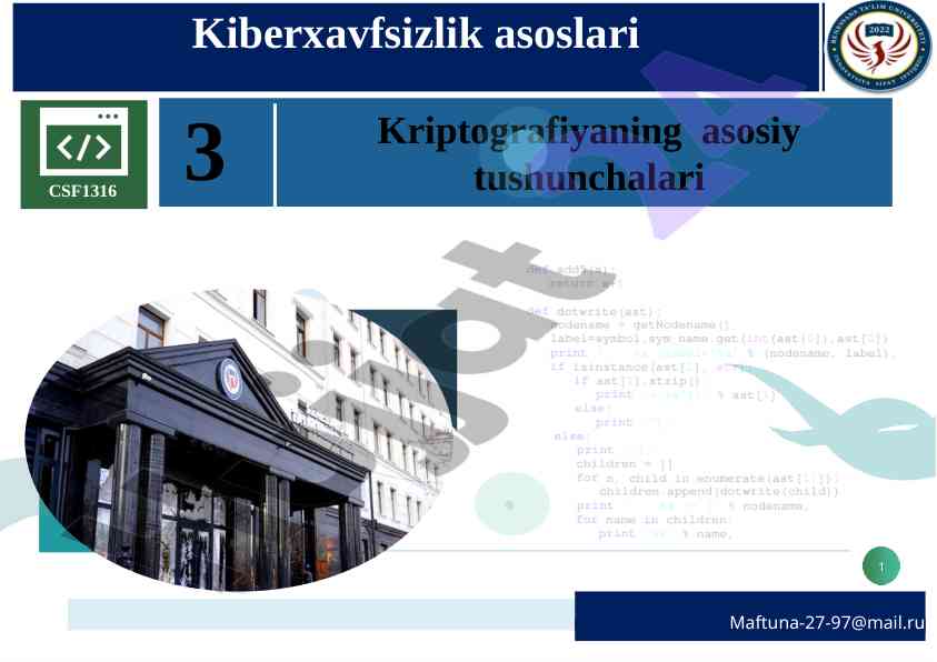 Kiberxavfsizlik asoslari va kriptografiya